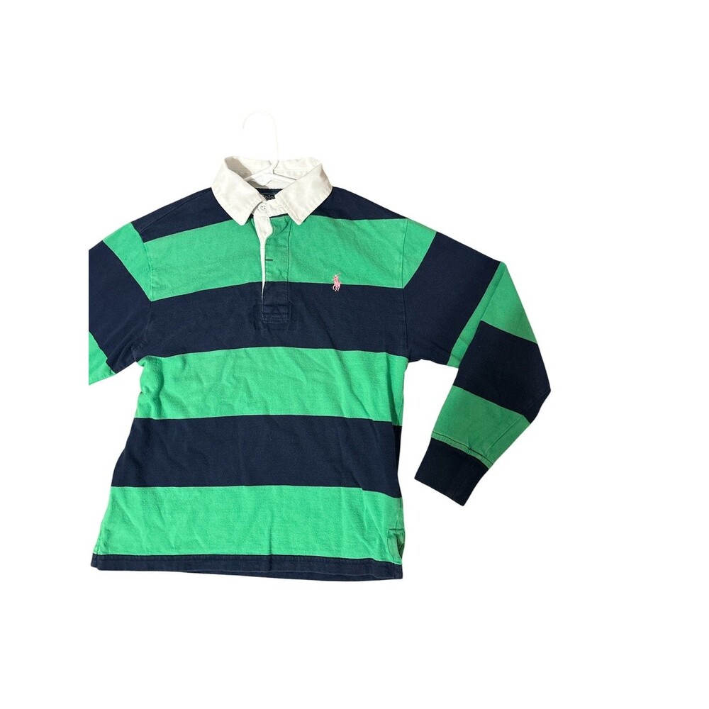VTG Polo Ralph Lauren Boys Rugby Polo Long Sleeve Shirt Blue Green Pink Pony S 8